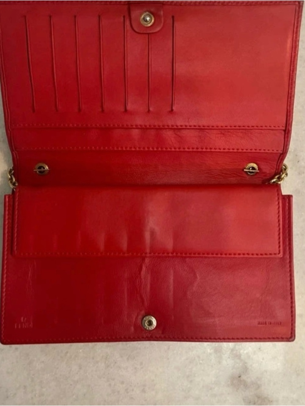 Fendi Red Embossed FF Logo Leather Clutch w/ Metal chain crossbody - Picture 4 of 12